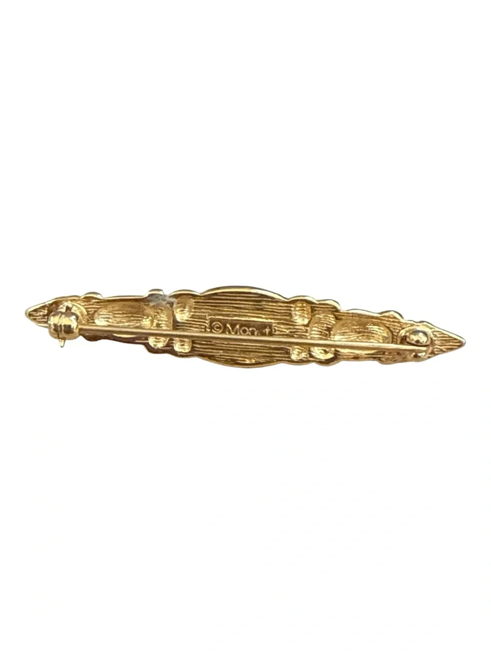 Vintage Monet Gold-Tone Bar Brooch with Green Glass Cabochon